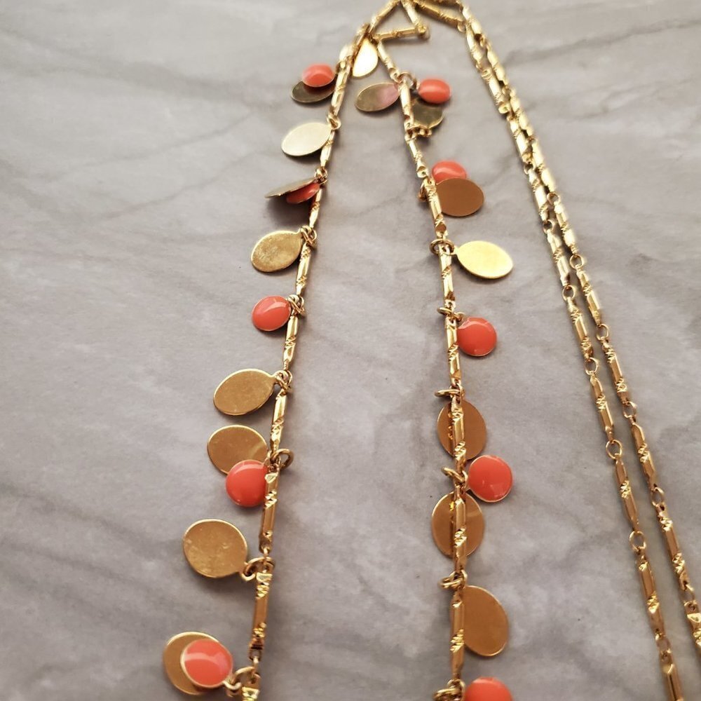 🧡 J.Crew Bright Orange Enamel Disk Gold Long Necklace 🧡 - Picture 4 of 8